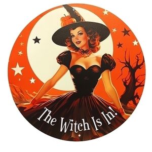Retro 50s Style Halloween Sign Witch is In Stars Metal Plaque Pin Up Girl Gothic